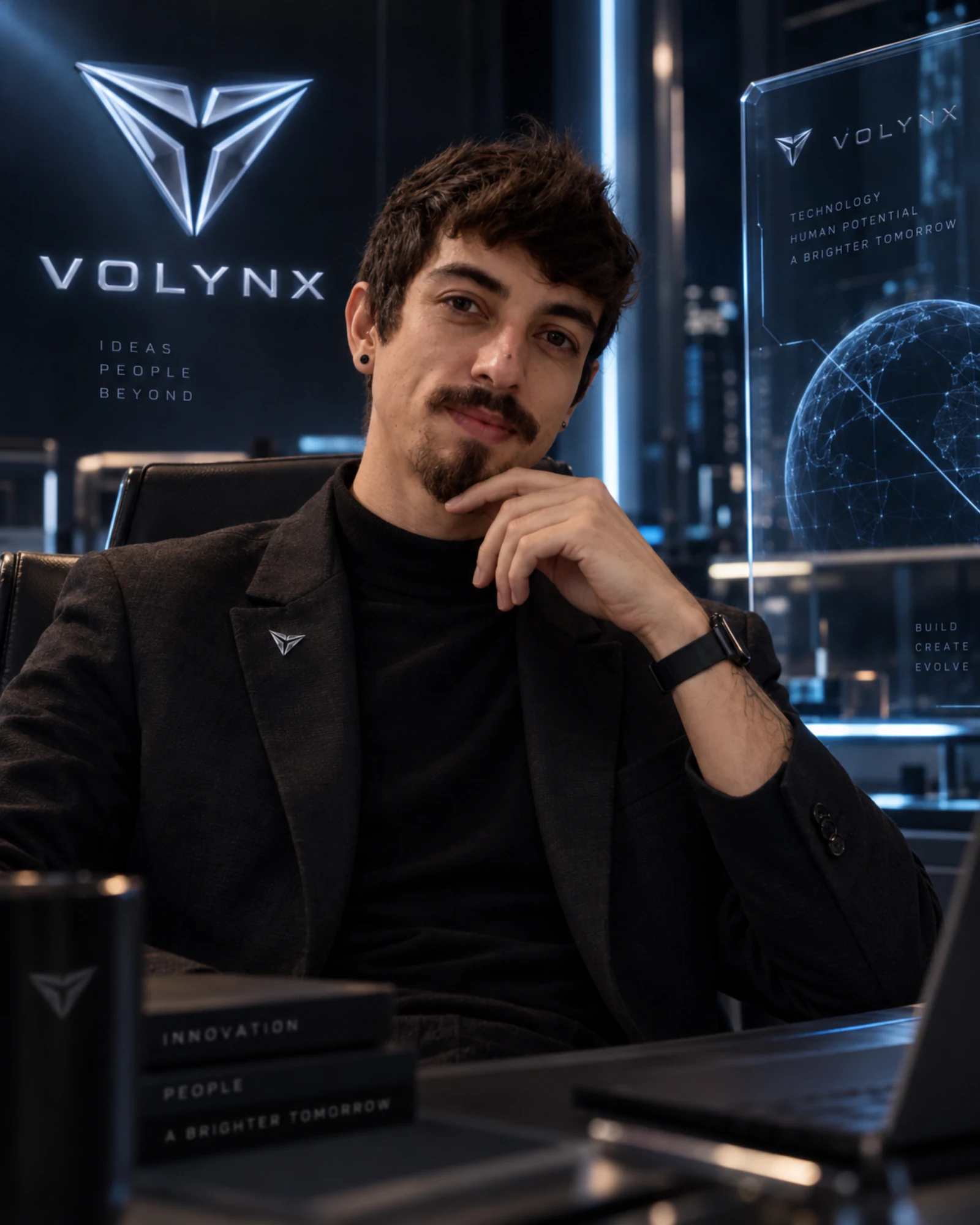 Eduardo Volken segurando um tablet com a identidade da Volynx